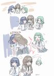  3girls absurdres alternate_hairstyle bang_dream! bang_dream!_our_notes blue_eyes blue_hair brown_hair closed_eyes commentary crying facing_another green_eyes green_hair grey_necktie grey_skirt hamasaki_mahoro hand_on_own_chin head_bump highres kiss kotohira_nagi long_hair looking_at_another medium_hair multiple_girls necktie open_mouth ponytail puckered_lips pushing sawami_kanata shirt short_hair short_sleeves skirt streaming_tears surprise_kiss surprised sweat tears tomare_(akashingou) white_background white_shirt yuri 