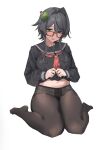  1girl black_hair black_sailor_collar black_shirt blush breasts brown-framed_eyewear cactus clothes_lift glasses green_eyes highres invisible_floor long_sidelocks long_sleeves looking_at_viewer medium_breasts navel neckerchief no_pants no_shoes original panties panties_under_pantyhose pantyhose plant_on_head plump red_neckerchief sailor_collar sailor_shirt shirt shirt_lift short_hair sidelocks simple_background sitting solo stank steaming_body stomach underwear wariza white_background white_panties 