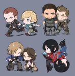  4boys 4girls absurdres ada_wong adjusting_scarf arm_up artist_name belt belt_pouch black_belt black_boots black_gloves black_hair black_pants black_shoes blonde_hair blue_dress blue_eyes blue_scarf blue_shirt boots breasts brown_boots brown_eyes brown_hair brown_pants brown_shoes bulletproof_vest cargo_pants carla_radames chibi chibi_only chris_redfield cleavage closed_mouth collared_shirt commentary cross cross_necklace crossed_arms deformed dress earpiece earrings facial_hair fingerless_gloves full_body furrowed_brow gloves goatee green_eyes green_pants green_scarf green_shirt green_vest grey_background grey_eyes grey_pants grey_shoes grin gun handgun helena_harper high_heels highres holding holding_cube holding_gun holding_hands holding_weapon hoop_earrings jake_muller jewelry leon_s._kennedy light_blush light_smile looking_at_another looking_at_viewer looking_to_the_side male_focus medium_breasts multiple_boys multiple_girls multiple_views mustache_stubble necklace on_one_knee open_mouth pants parted_lips piers_nivans pouch red_belt red_scarf red_shirt resident_evil resident_evil_6 scar scar_on_cheek scar_on_face scarf sherry_birkin shirt shoes short_hair short_sideburns short_sleeves sideburns sideways_glance simple_background sleeves_rolled_up smile standing stubble suspenders v-shaped_eyebrows very_short_hair vest vinetsu weapon white_shirt 