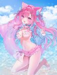  1girl absurdres ahoge animal_ears bare_legs barefoot bikini blue_hair blue_shrug blue_sky blush bow bowtie breasts buta_tamako cat_ears cat_girl cat_tail cleavage cloud commentary_request day frilled_bikini frilled_shirt_collar frills hair_bow hair_ornament hairclip hand_up highres holding indie_virtual_youtuber innertube kneeling long_hair long_sleeves looking_at_viewer medium_breasts micro_shorts multicolored_hair navel open_mouth outdoors pink_bikini pink_hair pink_shorts purple_eyes shorts shrug_(clothing) skindentation sky smile solo stomach swim_ring swimsuit tail thighs two-tone_hair two_side_up very_long_hair virtual_youtuber water wing_collar yuuki_sakuna 