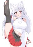  1girl :3 animal_ear_fluff animal_ears black_skirt black_thighhighs breasts bridal_gauntlets commentary_request detached_sleeves fang grey_hair hat inubashiri_momiji large_breasts looking_at_viewer midriff miniskirt navel open_mouth pleated_skirt red_eyes red_hat red_skirt ribbon-trimmed_sleeves ribbon_trim rururiaru shirt short_hair simple_background skindentation skirt sleeveless sleeveless_shirt smile solo split standing standing_on_one_leg standing_split tail thighhighs thighs tokin_hat touhou two-tone_skirt white_background white_shirt wide_sleeves wolf_ears wolf_girl wolf_tail 