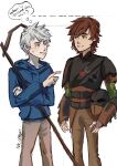  2boys armor artist_name belt black_armor black_belt black_helmet blue_eyes blue_hoodie brown_gauntlets brown_hair brown_helmet brown_pants brown_shirt commentary_request crossed_arms crossover dreamworks english_text freckles gauntlets green_eyes green_shirt hair_between_eyes helmet hiccup_horrendous_haddock_iii highres holding holding_staff holding_unworn_helmet hood hood_down hoodie how_to_train_your_dragon_(series) how_to_train_your_dragon_2 jack_frost_(rise_of_the_guardians) layered_shirt leather_armor long_sleeves looking_at_another male_focus multiple_boys no_139401 pants parted_bangs parted_lips pointing pointing_at_another rise_of_the_guardians shirt short_hair short_sleeves shoulder_armor sidelocks signature smile speech_bubble spiked_hair staff sweat sweatdrop thought_bubble twitter_username two-tone_helmet unworn_headwear unworn_helmet upper_body white_background white_hair wooden_staff 