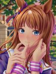  2girls blue_eyes blush character_pov close-up cloud commentary_request evening female_pov grass_wonder_(stone-piercing_blue)_(umamusume) grass_wonder_(umamusume) hand_on_another's_arm hand_on_another's_cheek hand_on_another's_face highres horse_girl looking_at_viewer medium_hair multiple_girls open_mouth outdoors pov sin2a+cos2a=1 smile solo_focus special_week_(special_dreamer)_(umamusume) special_week_(umamusume) tracen_academy umamusume yuri 