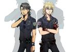  badge barnaby_brooks_jr belt blonde_hair bracelet brown_eyes brown_hair crossed_arms facial_hair fingerless_gloves glasses gloves green_eyes gun holster jewelry kaburagi_t_kotetsu male_focus mizore1211 multiple_boys police police_uniform stubble sunglasses tiger_&amp;_bunny uniform watch weapon wristwatch 