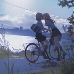  2girls adachi_sakura adachi_to_shimamura artist_name bag bicycle black_shoes black_skirt black_socks blue_sky closed_eyes cloud cloudy_sky commentary dated day floating_hair full_body highres kiss kneehighs lake long_hair miniskirt multiple_girls on_bicycle outdoors path plaid_clothes plaid_skirt pleated_skirt school_bag school_uniform shadow shimamura_hougetsu shirt shoes short_hair short_sleeves shoulder_bag sitting skirt sky socks straight_hair thyme_(4749874974) water white_shirt yuri 