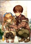  1boy 1girl alternate_costume black_gloves black_pantyhose blonde_hair blue_ribbon blush boots breath brown_boots brown_coat brown_hair chi_no closed_mouth coat couple day eyes_visible_through_hair full_body fur-trimmed_hood fur-trimmed_sleeves fur_trim gloves green_eyes green_pants green_scarf hair_between_eyes hair_ornament hair_ribbon hand_up hetero hood hood_down knees_together_feet_apart light_blush long_hair long_sleeves looking_at_another looking_at_viewer open_mouth outdoors pants pantyhose pink_gloves pom_pom_(clothes) pringles_can ribbon scarf short_hair sidelocks smile squatting summer_pockets takahara_hairi tsumugi_wenders twintails white_fur winter winter_clothes x_hair_ornament 