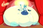 anthro bloomers bottomwear clothing deltarune dress electronics eyes_closed fart fart_cloud fart_fetish felid feline female floating_hands hi_res mammal microphone musical_symbol oblivious panties_inflation shake_lines singing solo sound_effects stage stage_curtains stage_lights standing symbol t_m_f_w tasque_manager undertale_(series) watermark