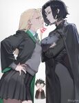  1boy 2girls asymmetrical_docking black_hair black_robe blonde_hair breast_press breasts clenched_teeth confrontation covered_navel cowboy_shot crossed_arms diagonal-striped_clothes diagonal-striped_necktie face-to-face flat_chest genderswap genderswap_(mtf) green_eyes grey_background grey_sweater_vest hands_on_own_hips harry_potter harry_potter_(series) highres hogwarts_school_uniform large_breasts long_hair malfoid multiple_girls necktie nervous profile robe school_uniform severus_snape severus_snape_(redteneri) short_hair simple_background sin_(sintrybest) skirt slytherin striped_clothes striped_necktie sweater_vest teeth two-sided_fabric two-sided_robe wizarding_world 