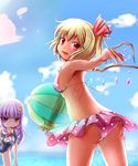  :&lt; :d absurdres ass ball beachball bikini bikini_skirt blonde_hair bow braid breasts cloud crescent crystal day fang flandre_scarlet hair_bow hair_ornament highres jitome long_hair looking_at_viewer looking_back medium_breasts mellpon multiple_girls ocean one-piece_swimsuit open_mouth outstretched_arm patchouli_knowledge pink_bikini polka_dot purple_eyes purple_hair red_eyes school_swimsuit see-through short_hair side_ponytail sideboob sky smile string_bikini swimsuit tan touhou transparent twin_braids very_long_hair wings 