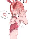  1girl adjusting_clothes ahoge analog_(analllllogue) anger_vein animal_ears black_halo blue_archive blush bow bowtie braid breasts commentary detached_collar fake_animal_ears halo highres huge_ahoge leotard looking_at_viewer mole mole_under_eye multiple_moles neru_(blue_archive) neru_(bunny)_(blue_archive) nipple_slip nipples open_mouth orange_hair oversized_breast_cup reaching reaching_towards_viewer red_bow red_bowtie red_eyes red_leotard red_nails short_hair single_braid small_breasts solo speech_bubble spoken_anger_vein spoken_blush tag 