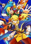  2boys absurdres banner battle_standard belt black_belt blonde_hair blue_background blue_cape blue_eyes blue_hair bow brown_pants cape commentary_request facial_hair gold_collar green_eyes green_kimono hair_bow hair_bun hair_ornament hair_over_one_eye hair_stick hand_up headband highres holding holding_staff holding_sword holding_weapon japanese_clothes kabuki_danjuurou katana kimono leg_up long_hair long_sleeves looking_at_viewer low_ponytail male_focus multicolored_hair multiple_boys nekokan201 one_eye_covered open_hand open_mouth outstretched_arm pants ponytail purple_headband red_bow short_hair short_kimono smile staff standing sword teeth tengai_makyou tengai_makyou_fuuun_kabuki-den tunic two-tone_hair upper_teeth_only war_banner weapon white_sleeves yellow_tunic zeami_(tengai_makyou) 