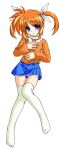  1girl 2000s_(style) blue_eyes blue_skirt blush bow commentary_request elehime full_body highres long_sleeves looking_at_viewer lyrical_nanoha mahou_shoujo_lyrical_nanoha medium_hair open_mouth orange_shirt panties pantyshot pink_panties shirt simple_background skirt solo takamachi_nanoha thighhighs twintails underwear white_background white_bow white_thighhighs 