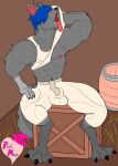 2026 abs animal_ears anthro balls_outline barefoot barrel big_bulge biped blue_hair bodily_fluids bottomwear box breath bulge canid canine canis claws clothing container detailed_bulge digital_drawing_(artwork) digital_media_(artwork) digitigrade drying_face drying_themselves feet fur genital_outline grey_body grey_fur hair hay male male_anthro mammal muscular muscular_male navel nipple_outline nipples obscured_eyes panting pants pinkmage shaded sheath_outline signature simple_background simple_shading sitting solo sweat sweaty_arms sweaty_chest tail tight_clothing toe_claws tongue tongue_out wolf wooden_box
