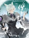  1girl animal_ears archon_mark blind cat_ears cat_girl claw_ring commentary countdown_illustration dress facial_mark feather_hair_ornament feathers final_fantasy final_fantasy_brave_exvius final_fantasy_resonance final_fantasy_xiv fur-trimmed_dress fur_trim hair_ornament highres mage_staff miqo'te neck_tattoo official_art solo staff tattoo whisker_markings white_hair wide_sleeves y'shtola_rhul 