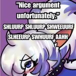 1:1 absurd_res ahju_(character) anthro blue_eyes choker english_text fair_argument_(meme) felid feline femboy hair hi_res impact_(font) jewelry male male/male mammal meme mjinoct1 necklace oral ponytail solo spiked_choker text