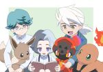  3boys aged_down amethio_(pokemon) black_hair book border brown_eyes charcadet charmander child closed_mouth collared_shirt eevee fire flaming_eye friede_(pokemon) glasses green_eyes green_hair grey_background grey_hair grey_shirt highres holding holding_book male_focus medium_hair multicolored_hair multiple_boys on_lap open_book open_mouth outside_border outstretched_arm pink_eyes pointing pokemon pokemon_(anime) pokemon_(creature) pokemon_horizons pokemon_on_lap purple_eyes reading red_eyes rinrin_(rinrindarinko) shirt short_hair simple_background smile spinel_(pokemon) split-color_hair suspenders symbol-shaped_pupils triangle-shaped_pupils two-tone_hair white_border white_hair white_shirt yellow_eyes 