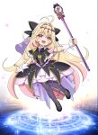  1girl :d antenna_hair black_bow black_capelet black_dress black_shoes black_thighhighs blonde_hair blush bow braid brooch capelet commentary_request cure_arcana_shadow deformed dress frilled_capelet frilled_dress frills full_body hair_bow hair_intakes half_up_braid happy harukigenia heart heart_brooch highres holding holding_wand jewelry light_particles long_hair looking_at_viewer magic_circle magical_girl meitantei_precure! midriff moria_luluka open_mouth outstretched_arms precure purple_veil red_eyes shoes sidelocks simple_background smile solo thighhighs veil very_long_hair wand white_background 