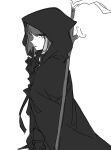  1boy anpolly cloak commentary_request flat_color greyscale hood hood_up hooded_cloak looking_at_viewer male_focus monochrome multicolored_hair parted_lips profile reaper_(sekaiju) reaper_1_(sekaiju) scythe sekaiju_no_meikyuu sekaiju_no_meikyuu_5 simple_background sketch solo streaked_hair two-tone_hair white_background 