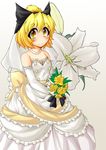  alternate_costume bare_shoulders blonde_hair bouquet bow breasts bridal_veil choker cleavage dress elbow_gloves flower fun_bo gloves hair_bow highres kurodani_yamame large_bow lily_(flower) ponytail ribbon short_hair small_breasts smile solo touhou veil wedding wedding_dress yellow_eyes 