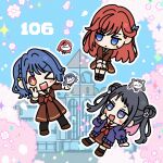  >_o 3girls :d ;d black_hair black_pantyhose blue_eyes blue_hair brown_dress brown_shoes cardigan chibi chibi_inset colored_inner_hair commentary_request deformed double_bun dress fang floral_background hair_bun hanamiya_nina_(style) hasu_no_sora_106th_class hasu_no_sora_school_uniform highres in-universe_location jitome kinjo_maika long_hair long_sleeves love_live! love_live!_hasu_no_sora_jogakuin_school_idol_club multicolored_hair multiple_girls neckerchief one_eye_closed open_cardigan open_clothes orange_eyes pantyhose pink_hair purple_cardigan purple_eyes red_hair red_neckerchief reisawa_aoi sailor_collar sailor_dress school school_uniform shinowa_mion shoes short_hair skin_fang smile sweatdrop two_side_up unamused v_over_face watage_modoki white_sailor_collar winter_uniform 