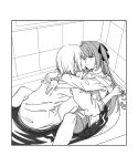  2girls arms_around_neck blush clothed_bath commentary eye_contact greyscale hair_intakes hair_ribbon hand_in_another's_hair highres imminent_kiss in_bathtub kamiina_botan kamiina_botan_yoeru_sugata_wa_yuri_no_hana long_hair looking_at_another monochrome multiple_girls partially_submerged ribbon sentimental_girl's tonami_ibuki two_side_up yki98289162 yuri 