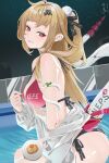  1girl absurdres bare_shoulders bikini blonde_hair braid breasts chalky_(zenless_zone_zero) chinese_commentary cissia_(zenless_zone_zero) commentary_request cyanliu66 food hair_ornament highres holding holding_spoon large_breasts off_shoulder pool pudding red_eyes side_ponytail sideboob smile snake_tail solo spoon swimsuit tail zenless_zone_zero 