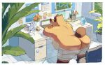 2026 absurd_res aloha_shirt animal_crossing anthro bag belly bent_over big_belly big_butt bodily_fluids book border bottomwear bottomwear_down bubble_butt butt calendar canid canine casual_exposure chair clothed clothing computer container crossed_arms desk desk_fan detailed_background discarded_clothing electronics flag flag_(object) flower fur furniture heat_(temperature) hi_res high-angle_view inside laptop leaf male mammal map mouthless narrowed_eyes nintendo office overweight overweight_anthro overweight_male paper partially_clothed pattern_clothing pattern_shirt pattern_topwear pen_(object) picture_frame plant plant_pot post-it_note poster potted_plant raccoon_dog shadow shirt shorts shorts_down signature solo standing sticker sweat table tanuki thick_thighs tom_nook_(animal_crossing) topless topless_anthro topless_male topwear tuft vase ventesthefloof white_border window