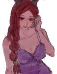  1girl 6456904065 averting_eyes babydoll bare_arms braid breasts brown_eyes brown_horns cleavage fiona_gilman hair_over_shoulder hand_in_own_hair hand_up highres horns identity_v large_breasts lingerie long_hair parted_bangs purple_babydoll red_hair red_lips simple_background solo underwear upper_body white_background 