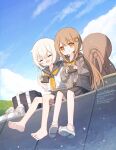  2girls :d bag barefoot black_sailor_collar black_skirt blue_sky bow brown_cardigan brown_hair cardigan closed_eyes cloud commentary_request day feet food food_request holding holding_food long_hair long_sleeves low_twintails multiple_girls neckerchief open_cardigan open_clothes orange_eyes original outdoors pleated_skirt puffy_long_sleeves puffy_sleeves sailor_collar sandals school_bag school_uniform serafuku shirt shoes sitting skirt sky sleeves_past_wrists smile socks soles twintails unworn_shoes unworn_socks very_long_hair watermark white_hair white_sandals white_shirt white_shoes white_socks yellow_bow yellow_neckerchief yuuhagi_(amaretto-no-natsu) 
