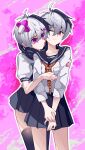  2girls absurdres bandaid bandaid_on_face black_sailor_collar black_skirt black_streaks black_thighhighs closed_mouth commentary dual_persona english_commentary flower_(vocaloid) flower_(vocaloid4) grey_hair hand_on_another's_arm headphones highres hitosama_allergy_(vocaloid) multicolored_hair multiple_girls n0_image one_eye_closed pink_eyes pleated_skirt purple_background purple_nails red_eyes sailor_collar selfcest shirt skirt streaked_hair thighhighs venom_(vocaloid) vocaloid white_shirt yuri 