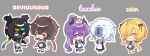  1girl 4boys :d alternate_costume androgynous animification apron black_bow black_dress black_hair black_shoes black_skin black_socks black_track_suit blank_eyes block_(minecraft) block_(object) blonde_hair blush_stickers bow bright_pupils broom brown_hair cake cake_slice character_name chibi chibi_only chinese_commentary colored_skin command_block commentary_request crossdressing crossdressing_(mtf) crown demon_horns dress eggchan elbow_gloves enmaided eyeball fang food fruit girly_boy gloves grey_background hachimaki hair_between_eyes hair_bow hair_over_eyes head_wings headband highres holding holding_block holding_broom holding_plate horns humanization in-franchise_crossover jersey_maid juliet_sleeves lifesteal_smp lifestream long_hair long_sleeves looking_at_viewer low_ponytail maid maid_apron male_maid mapicc minecraft minecraft_youtube multicolored_eyes multicolored_hair multiple_boys outline pairing_name plate ponytail princezam puffy_sleeves purple_eyes purple_hair rainbow_eyes rainbow_headband red_eyes red_headband red_horns roller_skates shoes short_hair short_twintails simple_background single_blush_sticker skates skin_fang smile smiley_face socks sparkle spokeishere strawberry streaked_hair tiara track_suit trap twintails unconventional_maid unstable_universe very_long_hair wemmbu white_apron white_gloves white_hair white_outline white_socks wings yanran86057 yellow_eyes 