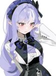  1girl absurdres black_bow black_bowtie black_hairband blue_bow blue_bowtie blue_hairband blush bow bowtie breasts buttons center_frills closed_mouth commentary frilled_shirt frills gem hairband highres large_breasts long_hair long_sleeves looking_ahead mole mole_under_mouth multicolored_hair multicolored_hairband pointy_ears purple_gem purple_hair qwwe1224 red_eyes red_pupils shirt sideboob sideboob_cutout sidelocks simple_background solo streaked_hair two-tone_hairband underbust untranslatable_commentary upper_body very_long_hair vivian_banshee white_background white_shirt white_streaks zenless_zone_zero 