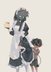  2boys absurdres aged_down animification apron ascot back_bow badboyhalo black_ascot black_dress black_eyes black_hair black_shorts black_skin blank_eyes blue_bow blue_bowtie bow bowtie braid brown_jacket cake cake_slice child chinese_commentary cihuabinggan colored_skin commentary_request cowboy_shot crossdressing crossdressing_(mtf) curious dark-skinned_male dark_skin demon_boy demon_horns demon_tail dress enmaided food gradient_horns hairband highres holding holding_another's_dress holding_tray horns humanization jacket long_hair looking_at_another looking_down maid maid_apron maid_headdress male_focus male_maid minecraft_youtube monster_boy multicolored_horns multiple_boys pantyhose pointy_ears shirt short_hair shorts side_braid simple_background skeppy socks tail trap tray white_apron white_bow white_hairband white_pantyhose white_shirt white_socks yellow_background 