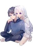 1boy 1girl 9-nine- :/ :d ahoge barefoot black_eyes black_pants blue_hoodie blush brother_and_sister casual ch2sh closed_mouth commentary_request dated_commentary eyes_visible_through_hair frown full_body grey_hair hair_between_eyes hair_down hair_over_shoulder hand_on_another's_shoulder highres hood hood_down hoodie indian_style kneeling long_hair long_sleeves looking_ahead niimi_kakeru niimi_sora open_mouth pajamas pants pulling_another's_clothes purple_eyes siblings simple_background sitting sketch smile tiptoes twitter_username v-shaped_eyebrows very_long_hair white_background white_pajamas 
