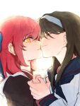  2girls blue_bow bow closed_eyes commentary_request hair_bow hairband highres holding_hands kiss kissing_with_eyes_open kohaku_(tsukihime) long_sleeves looking_at_another medium_hair multiple_girls pilokio2 sailor_collar school_uniform simple_background tohno_akiha tsukihime white_background white_hairband yellow_eyes yuri 