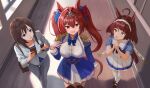  3girls ahoge aiguillette alex_j_stella animal_ears black_thighhighs blue_bow blue_eyes blue_jacket blunt_bangs blunt_ends blunt_sidelocks blush bow bowtie breasts brown_hair center_frills commentary daiwa_scarlet_(peak_blue)_(umamusume) daiwa_scarlet_(umamusume) english_commentary epaulettes frilled_hairband frills garter_straps grey_jacket grey_pants hair_between_eyes hair_intakes hairband hallway highres horse_ears horse_girl horse_tail jacket juliet_sleeves large_breasts layered_skirt long_hair long_sleeves multiple_girls open_mouth otonashi_etsuko pants pleated_skirt puffy_short_sleeves puffy_sleeves purple_bow purple_bowtie purple_shirt red_desire_(umamusume) red_eyes red_hair red_hairband red_headdress red_veil sailor_collar sailor_shirt school_uniform shirt short_sleeves sidelocks skirt smile star_ornament tail thighhighs tiara tracen_school_uniform twintails umamusume veil very_long_hair white_sailor_collar white_shirt white_skirt white_thighhighs yellow_eyes 
