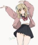  1girl arms_up black_sailor_collar black_skirt blonde_hair bow bowtie cardigan closed_mouth commentary cowboy_shot double-parted_bangs genshin_impact happy highres long_sleeves lumine_(genshin_impact) medium_hair open_cardigan open_clothes orange_eyes panties pantyshot pink_bow pink_bowtie pink_cardigan pleated_skirt sailor_collar shirt signature simple_background sketch skirt smile solo standing ukitamilk underwear white_background white_panties white_shirt 