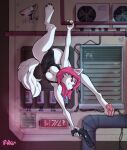 4_toes acrobatics anthro arctic_fox athletic breasts camera canid canine claws clothed clothing countershading digital_media_(artwork) digitigrade eyebrows eyelashes feet female female_anthro finger_claws fingerpads fingers fluffy fluffy_tail fluffyminx fox fur glistening gun hair handcannon handgun hanging_upside_down hi_res iris latex leotard lidded_eyes mammal medium_breasts outside pawpads pink_eyes pink_hair pipe pointy_ears pupils ranged_weapon revolver science_fiction sex short_hair smoke snout solo tail tech toe_claws toes true_fox upside_down ventilation wall_(structure) weapon white_body white_fur white_tail