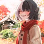  1girl absurdres alternate_costume alternate_hair_length_(shorter) autumn black_hair blurry blurry_background brown_sweater closed_eyes commentary grey_hair highres hololive hololive_english multicolored_hair open_mouth red_scarf scarf shiori_novella short_hair smile solo split-color_hair sweater two-tone_hair upper_body virtual_youtuber yotamono 