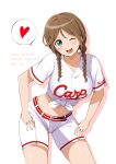  1girl 2021 alternate_hairstyle barkhorn0331 baseball_uniform belt blush braid breasts brown_hair character_name cinderella_series commentary_request dated green_eyes hachigatsu_no_cinderella_nine hands_on_own_thighs happy_birthday heart highres hiroshima_touyou_carp kakehashi_momoko large_breasts long_hair looking_at_viewer low_twin_braids midriff multicolored_shirt navel one_eye_closed open_mouth red_belt red_skirt shirt short_sleeves shorts skirt smile solo spoken_heart sportswear teeth tied_shirt twin_braids two-tone_shirt upper_teeth_only white_shirt white_shorts 