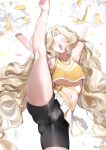 1boy bare_legs barefoot bike_shorts blonde_hair bulge charles_(gu599) cheering cheerleader commentary confetti crop_top crossdressing crossdressing_(mtf) elden_ring elden_ring:_shadow_of_the_erdtree extra_arms highres holding holding_pom_poms leg_up long_hair male_focus microskirt midriff miquella_(elden_ring) open_mouth pleated_skirt pom_pom_(cheerleading) skirt smile solo split standing standing_on_one_leg standing_split thighs trap untranslatable_commentary very_long_hair wavy_hair 