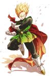  1boy absurdres aqua_eyes black_bodysuit blonde_hair bodysuit boots cape clenched_hand clenched_teeth commentary_request dragon_ball dragon_ball_z frown gloves great_saiyaman green_tunic highres holding holding_unworn_cape holding_unworn_clothes looking_at_viewer male_focus nekokan201 red_cape serious shadow short_hair solo son_gohan spiked_hair standing standing_on_one_leg super_saiyan teeth tunic unworn_cape white_boots white_gloves 