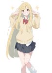  1girl absurdres ahoge alternate_costume black_skirt blonde_hair bow bowtie cho_kaguya-hime! commentary detached_ahoge double_v feet_out_of_frame grin hands_up highres kaguya_(cho_kaguya-hime!) leg_warmers long_hair long_sidelocks long_sleeves looking_at_viewer miniskirt orange_eyes pandoa_(mikage0495) pleated_skirt red_bow red_bowtie school_uniform sidelocks simple_background skirt smile solo standing straight_hair sweater v v-neck very_long_hair white_background white_leg_warmers yellow_sweater 