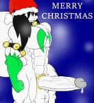 abstract_background anthro balls big_balls big_penis black_hair bodily_fluids christmas christmas_clothing christmas_headwear clothing cum cum_drip dripping english_text generation_3_pokemon genital_fluids genitals hair hat headgear headwear hi_res holidays huge_penis male muscular muscular_male nintendo penis pokemon pokemon_(species) riku9797 riku_(riku9797) santa_hat simple_background solo text white_body zangoose