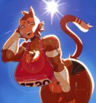 2026 anthro arm_wraps athletic_wear bent_over big_breasts bottomwear breasts brown_body brown_fur cheek_tuft chest_tuft circle_eyebrows clothing depth_of_field ear_piercing ear_ring eyebrows facial_tuft female fur gym_bottomwear gym_shorts hand_on_head hand_on_leg hand_on_thigh haplorhine head_tuft hi_res huge_breasts lens_flare light looking_at_viewer low-angle_view mammal monkey monkey_fist_(talons_tw) piercing primate ring_piercing shorts signature sky smile smiling_at_viewer solo spiral spiral_eyes sun sunlight tail talons_tw thick_thighs tuft wide_hips worm's-eye_view wraps