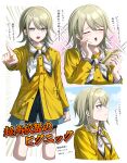  1boy :d absurdres arm_at_side blonde_hair blue_shorts blush braid clenched_hand closed_eyes closed_mouth commentary cowboy_shot cropped_legs danganronpa_(series) danganronpa_2:_goodbye_despair danganronpa_2x2 eating food furrowed_brow grey_eyes hair_between_eyes hands_up happy higashi_sakutaro highres holding holding_food holding_sandwich index_finger_raised jacket long_sleeves looking_ahead looking_at_viewer medium_hair mole mole_under_eye multiple_views open_mouth outstretched_arm pointing pointing_at_viewer profile ringed_eyes rrtp sandwich scarf serious shorts simple_background smile sparkle teeth translation_request tsurime twin_braids upper_body v-shaped_eyebrows white_background white_scarf yellow_jacket 