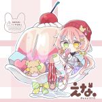  1girl asymmetrical_legwear bandaid bandaid_on_knee bandaid_on_leg beanie bike_shorts bike_shorts_under_skirt blue_jacket blue_socks blush_stickers cellphone cherry chibi chibi_only commentary_request dot_nose double-parted_bangs ena_1510 food fruit full_body gelatin green_eyes hair_between_eyes hair_ornament hairclip hat heterochromia highres holding holding_phone jacket long_hair long_sleeves looking_at_viewer low_twintails mismatched_legwear original outline phone pink_background pink_hair pleated_skirt red_hat red_socks shoes sitting skirt smartphone sneakers socks solo striped_clothes striped_socks twintails vertical-striped_clothes vertical-striped_socks white_outline white_shoes white_skirt x_hair_ornament yellow_eyes 