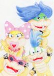 2021 anthro biped black_bracelet blue_eyes blue_hair bracelet claws colored_pencil_(artwork) dragon_koopa eyewear fangs featureless_crotch female finger_claws gem gold_(metal) gold_bracelet gold_jewelry group hair hi_res japanese_description jewelry koopa koopaling larry_koopa lips looking_at_viewer ludwig_von_koopa male mario_bros mohawk mostly_nude narrowed_eyes necklace nintendo nude open_mouth open_smile pearl_(gem) pearl_necklace pink_bow pink_lips pink_shell polka_dot_bow ribbon1984 roy_koopa scalie shell simple_background smile smiling_at_viewer spiked_bracelet spiked_shell spikes spikes_(anatomy) sunglasses teeth thick_lips traditional_media_(artwork) wearing_sunglasses wendy_o._koopa white_background yellow_body