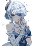  arms_up asymmetrical_gloves bare_shoulders blue_dress blue_gloves blue_hair commentary_request detached_collar dress elbow_gloves fingerless_gloves frilled_sleeves frills fur-trimmed_sleeves fur_collar fur_trim gem genshin_impact gloves gold_trim hair_bun hair_intakes hair_ornament highres light_smile looking_down mismatched_gloves odette_(genshin_impact) own_hands_together purple_eyes ribbon short_sleeves single_elbow_glove single_fingerless_glove suijivkhl white_background white_dress white_fur white_gloves white_sleeves wrist_ribbon 