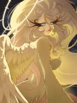  1girl absurdres angel angel_wings beak bird_girl blonde_hair breasts cherrsymbol commentary english_commentary feathered_wings feathers furry furry_female glowing glowing_halo gold_aura grey_eyes halo halo_behind_head hazbin_hotel hellaverse highres huge_breasts long_eyelashes long_hair looking_back no_pupils solo speaker_of_god_(hazbin_hotel) very_long_hair wings yellow_feathers yellow_fur 